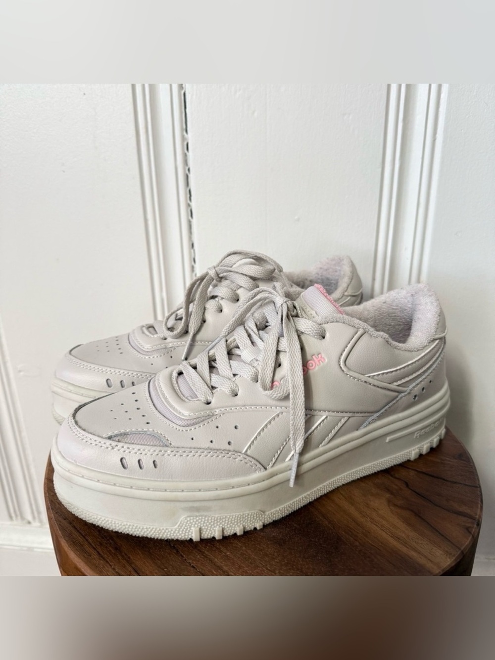 Reebok Women’s Platform Sneakers in Light Gray with Pink Accents